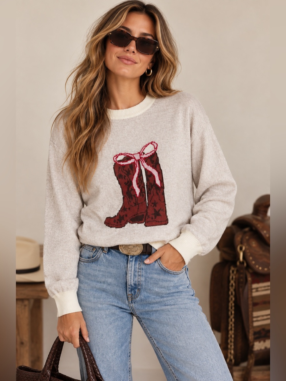 Arden B S Cowboy Boots Bow Sweater Western Rodeo Cowgirl Coquette Bow Knit NWT